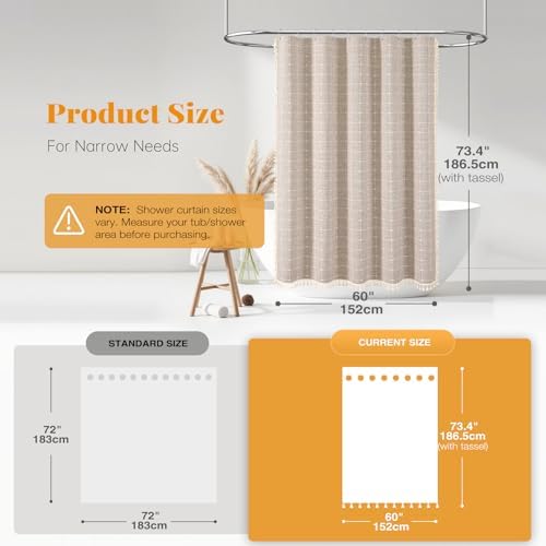 BTTN 60x72 Boho Farmhouse Linen Heavy Duty Shower Curtain Set, Tan/Taupe