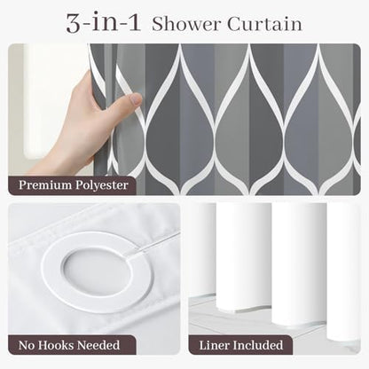 Yiatn Gray Blue No Hook Shower Curtain with Snap-in Liner, 71 x 74 Inch