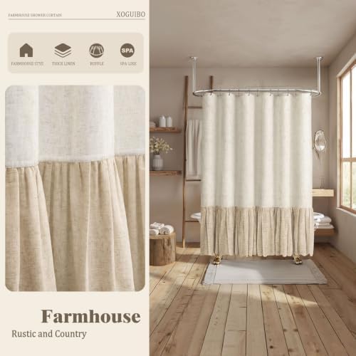 Farmhouse Shower Curtain Ruffle Linen Natural-Flax Tan 72"W x 72"L