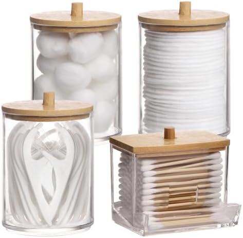Tbestmax 4 Pack Qtip Holder Bathroom Container, 10/7oz Cotton Ball/Swabs Dispenser, Apothecary Jar with Bamboo Lids for Organizer and Storage (Beige)