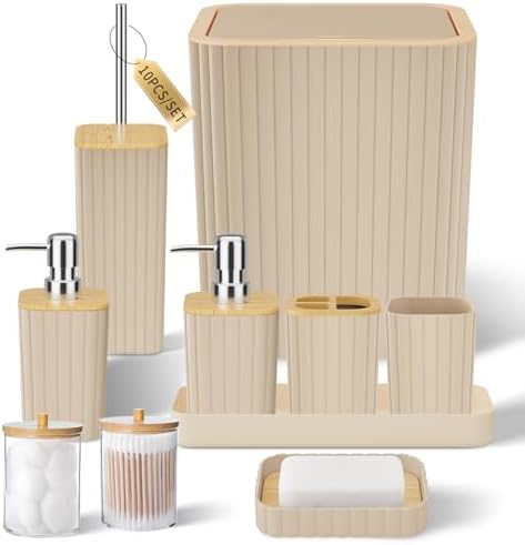 XLHOMO Bathroom Accessories Set - Elegant Beige Bathroom Set, 10PC Bathroom Accessory Set, Toilet Brush, Bathroom Trash Can