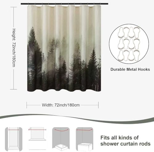 ORTIGIA Dark Green Misty Forest Linen Shower Curtain Nature Mountain Tree Woodland Shower Curtain Set for Bathroom Heavy Blend Fabric Curtains with 12 Metal Hooks 72x72 Inch