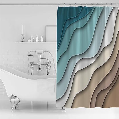 Shower Curtain Bathroom Set Teal Stripes Gradient Water Ripple Waterproof Shower Curtains with Grommets Hooks Brown Abstract Geometric Modern Art Privacy Bath Curtain for Bathtub Decor 72x72in