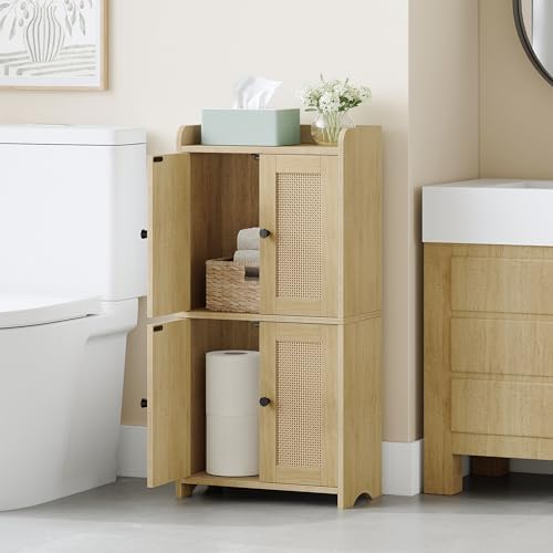 HEXCELEN Small Storage Cabinet, Bathroom Storage Cabinet with 4 Doors, Floor Bathroom Organizer Freestanding for Small Spaces, Living Room, Kitchen, Entryway (Streamlined American, Yellow)