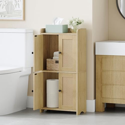 HEXCELEN Small Storage Cabinet, Bathroom Storage Cabinet with 4 Doors, Floor Bathroom Organizer Freestanding for Small Spaces, Living Room, Kitchen, Entryway (Streamlined American, Yellow)