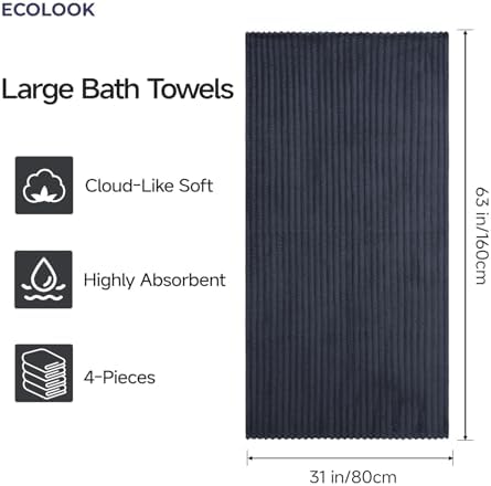 ecolook Microfiber Bath Towel Set of 4, 31 x 63 in, Soft and Highly Absorbent, Lightweight Shower Towels for Bathroom, Gym, Hotel and Spa,Dark Gray
