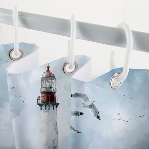 Nautical Coastal Shower Curtain, Ocean Beach Lighthouse Shower Curtain, Blue Teal Seasides Sailboat Bathroom Accessories Fabric Waterproof with Hooks,60X70in