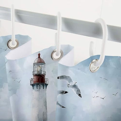 Nautical Coastal Shower Curtain, Ocean Beach Lighthouse Shower Curtain, Blue Teal Seasides Sailboat Bathroom Accessories Fabric Waterproof with Hooks,60X70in