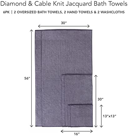 Texere 100% Organic Cotton Jacquard 650 GSM Premium Bath Towel Sets - Extra Absorbent Quick Dry and Plush, 2 Large Bath Towels, 2 Hand Towels, 2 Washcloths (Cable, Excalibur, 6 Piece)