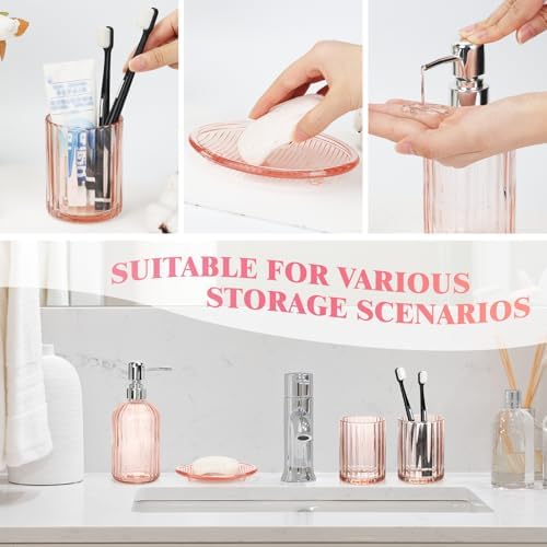 Glass Bathroom Accessories Set, 4Pcs Bathroom Accessories Sets Complete Lotion Soap Dispenser, Toothbrush Holder, Mouthwash Cup, Soap Dish for Bath Decor, Countertop Vanity Organizer (Pink)