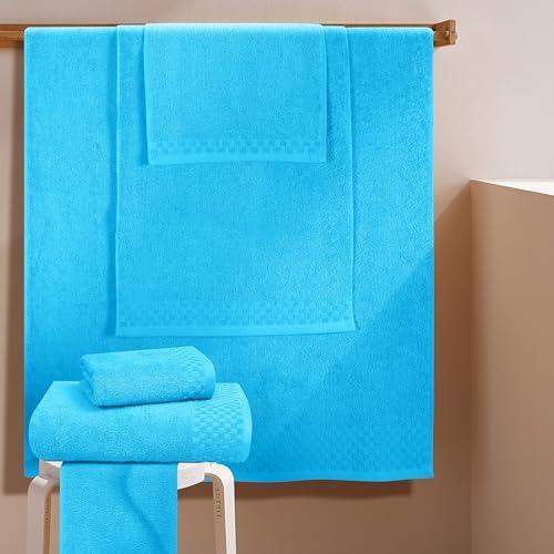 MyOwn Premium Cotton 6 Pack Towel Set for Bathroom, Contains 2 Bath Towels 28x55 inch, 2 Hand Towels 16x24 inch & 2 Wash Coths 12x12 inch, Ideal Everyday use, Compact & Lightweight - Turquoise Blue