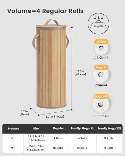 Bamboo Toilet Paper Storage Basket with Lid & Handle - 10L Handwoven Bathroom Organizer for 4 Rolls - Sturdy Stand Holder for Toilet Paper Organization, Natural