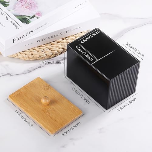 Qtip Holder with Bamboo Lids, 3 Compartments Cotton Ball/Swabs Dispenser, Apothecary Jar Plastic Container for Storage and Organizer (Black)