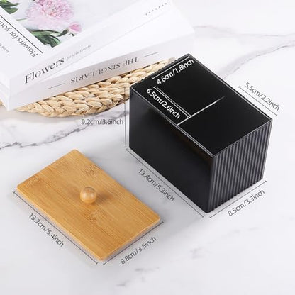 Qtip Holder with Bamboo Lids, 3 Compartments Cotton Ball/Swabs Dispenser, Apothecary Jar Plastic Container for Storage and Organizer (Black)