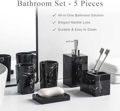 5 Piece Bathroom Accessories Set, Marble Resin Bathroom Vanity Set, Soap Dispenser, Toothbrush Holder, Soap Dish & 2 Tumblers, Bathroom Countertop Organizer Set (Ink Black)