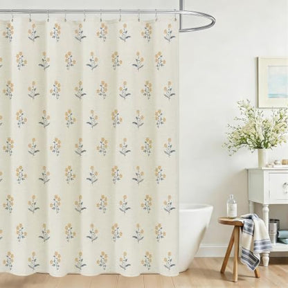 ORTIGIA Linen Shower Curtain Farmhouse Vintage Yellow Blue Floral Shower Curtains Navy Boho Rustic Block Print Cottagecore Decor for Bathroom 72 W x 72 L
