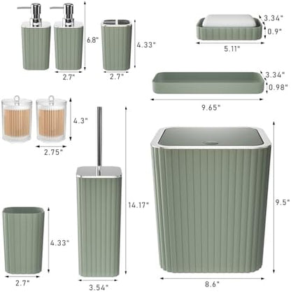 XLHOMO Bathroom Accessories Set - Gorgeous Sage Green Bathroom Set, 10PC Bathroom Accessory Set, Toilet Brush, Trash Can, Qtip Holder Dispenser & Soap Dispenser