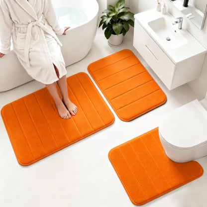 Memory Foam Bath Mat Set 3 Piece，Super Soft Absorbent Bathroom Rug Non Slip, Quick Dry,Machine Wash, Perfect Plush Bathroom Rugs,Home Decor Accessories,Orange