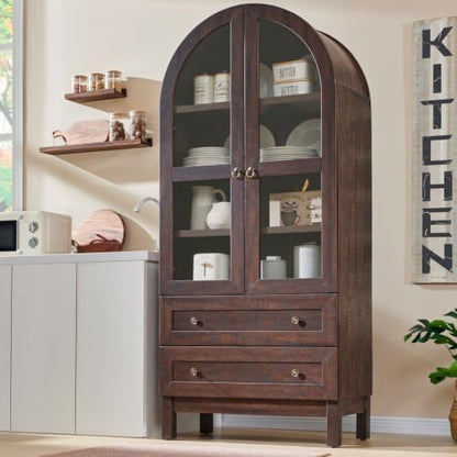 71" Tall Arched Bathroom Storage Cabinet, 4-Tier Wooden Bathroom, Brown