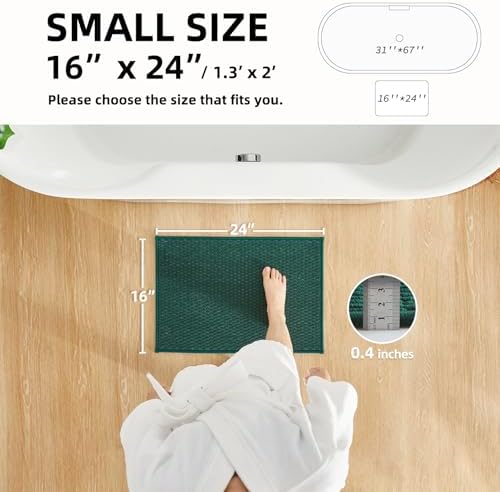 TYUU Bathroom Rugs Non Slip Washable, Super Absorbent Thin Bath Mat Small Quick Dry Low Pile Bathroom Rug, Dark Green 16"x24"