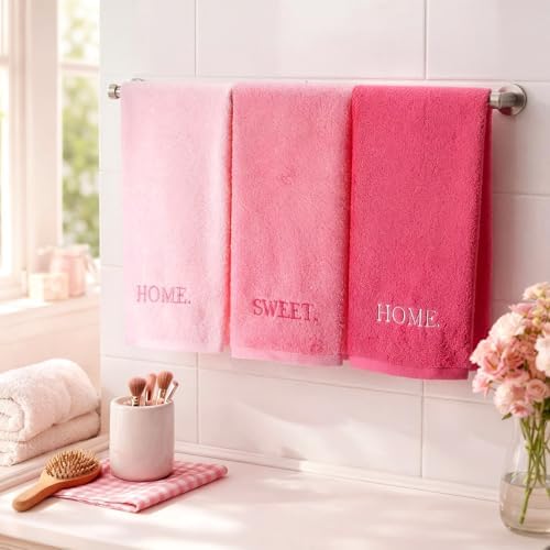 FuWeave 3 Pcs Pink Decorative Hand Towels for Bathroom, Home Sweet Home
