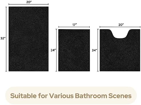 HOMEIDEAS Black Chenille Bathroom Rugs Set of 3, Non Slip Bath Mat