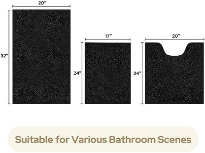 HOMEIDEAS Black Chenille Bathroom Rugs Set of 3, Non Slip Bath Mat