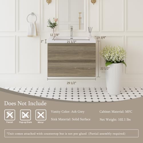 KEIKI 30'' Wall-Mounted Bathroom Vanity with Sink - Floating Design, 2 Soft-Close Drawers & Resin Basin, Space-Saving for Small Bathrooms, Ash Grey