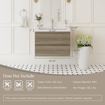 KEIKI 30'' Wall-Mounted Bathroom Vanity with Sink - Floating Design, 2 Soft-Close Drawers & Resin Basin, Space-Saving for Small Bathrooms, Ash Grey