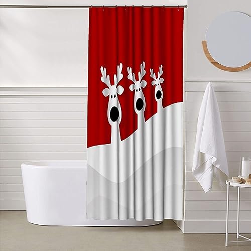 Ansouyi Christmas Reindeer on Red Shower Curtain Set with 12 Hooks, Bath Curtains Waterproof Polyester Fabric, Home Bathroom Bathtubs Decor Washable Durable Fabric, 60" Wx72 L