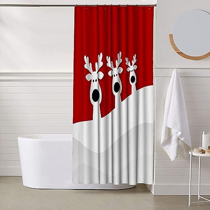 Ansouyi Christmas Reindeer on Red Shower Curtain Set with 12 Hooks, Bath Curtains Waterproof Polyester Fabric, Home Bathroom Bathtubs Decor Washable Durable Fabric, 60" Wx72 L