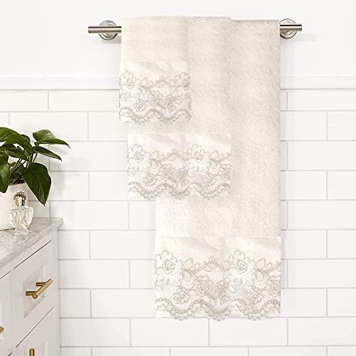Zahari Home Rose Vine Bathroom Towel Set - 3 Piece Towel Set in Beige - Modern Decor, Unique Design