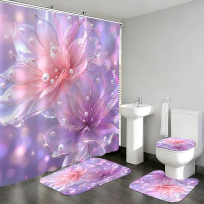 DDQQ 4 Pcs Floral Bathroom Sets with Shower Curtain and Rugs, Pink and Purple Lotus Bathroom Decor Set, Pearl Shower Curtain Set with 12 Hooks