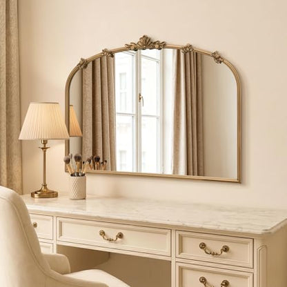 Besdomus Vintage Gold Mirror for Vanity: 32"x24" Traditional Arched Mirror