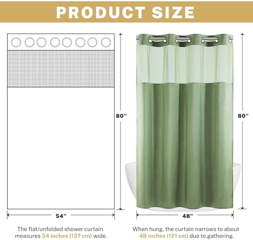 WONICY Small No Hook Shower Curtain with Liner, Sage Green, 54 x 80