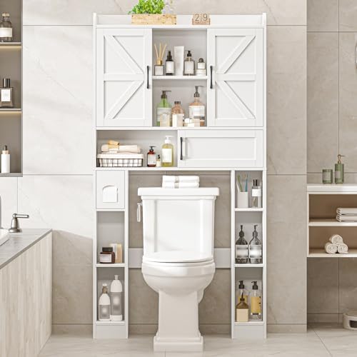 Vabches Over The Toilet Cabinet with 2 Barn Doors & Sliding Door,White