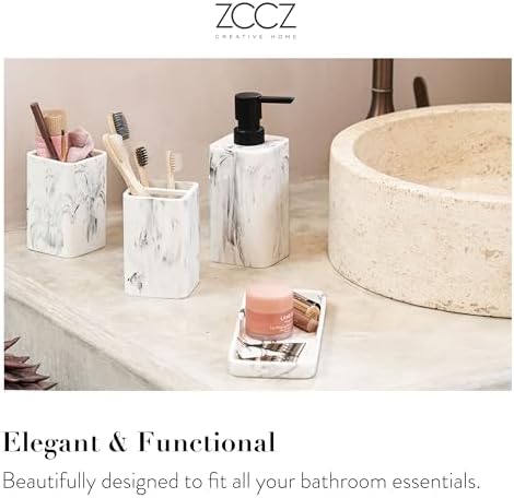 ZCCZ Bathroom Accessory Sets, 4 Pieces Bathroom Accessories Complete Set Vanity Countertop Accessory Set with Marble Look, Includes Lotion Dispenser, Toothbrush Holder and Tray (White Marble Look)