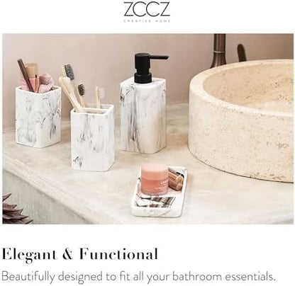 ZCCZ Bathroom Accessory Sets, 4 Pieces Bathroom Accessories Complete Set Vanity Countertop Accessory Set with Marble Look, Includes Lotion Dispenser, Toothbrush Holder and Tray (White Marble Look)