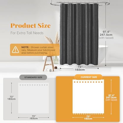 BTTN 72x96 Extra Long Boho Linen Heavy Duty Shower Curtain, Charcoal Grey