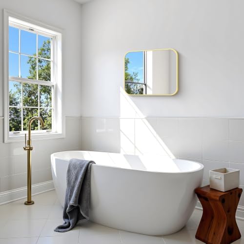 BONEWEI Gold Bathroom Mirror,18x24 inch Wall Mirror for Bathroom Wall Mounted,Round Rectangle Mirror for Bathroom Over Sink,Modern Frame for Home Decor Living Room,Bedroom Entryway,Horizontal/Vertical