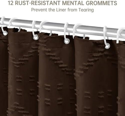 Boho Brown Shower Curtain Woven Fabric Shower Curtain 72 x 72 Tufted Chevron Striped Shabby Chic Textured, Modern Farmhouse Minimalist, Water Resistant Curtain Set for Bathroom, Hotel Decor
