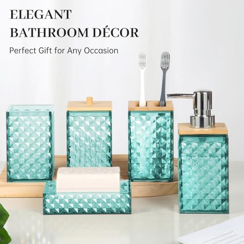 Bathroom Accessory Set, Grid Pattern 5 Pcs Plastic Bathroom Set, Teal