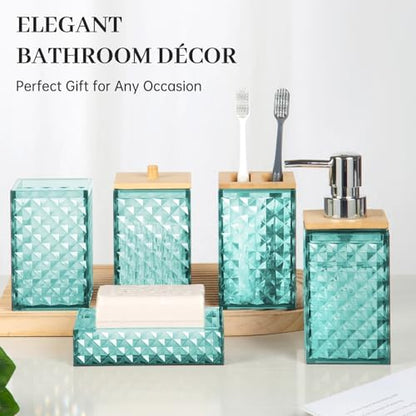 Bathroom Accessory Set, Grid Pattern 5 Pcs Plastic Bathroom Set, Teal