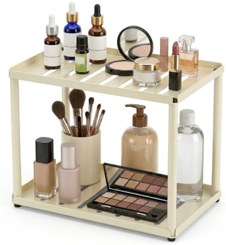 2 Tier Bathroom Counter Organizer, Rectangular Vanity Organizer Shelf, Skincare and Makeup Countertop Storage Rack for Kitchen, Bathroom, Bedroom Beige