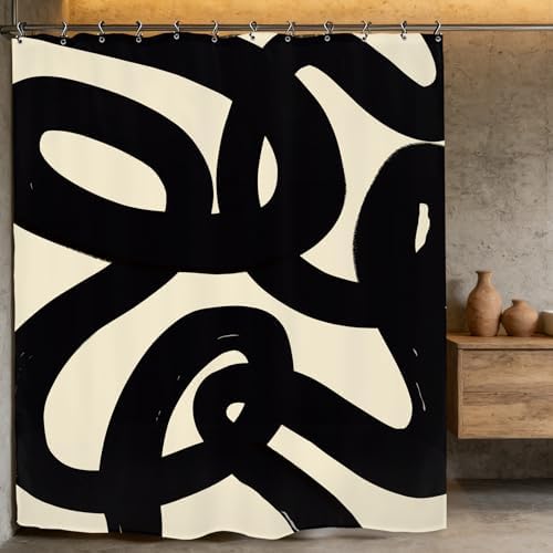 Abstract Black Beige Shower Curtain 60Wx72L Inch Modern Minimalist Contemporary Geometric Line Neutral Simple Bathroom Set Accessories Decor with 12 Pack