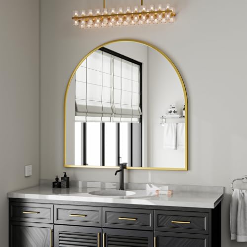 VooBang Wide Arched Wall Mirror, 38 x 40 inch Arch Bathroom Mirror Gold