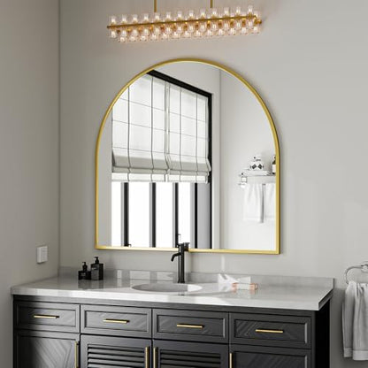 VooBang Wide Arched Wall Mirror, 38 x 40 inch Arch Bathroom Mirror Gold