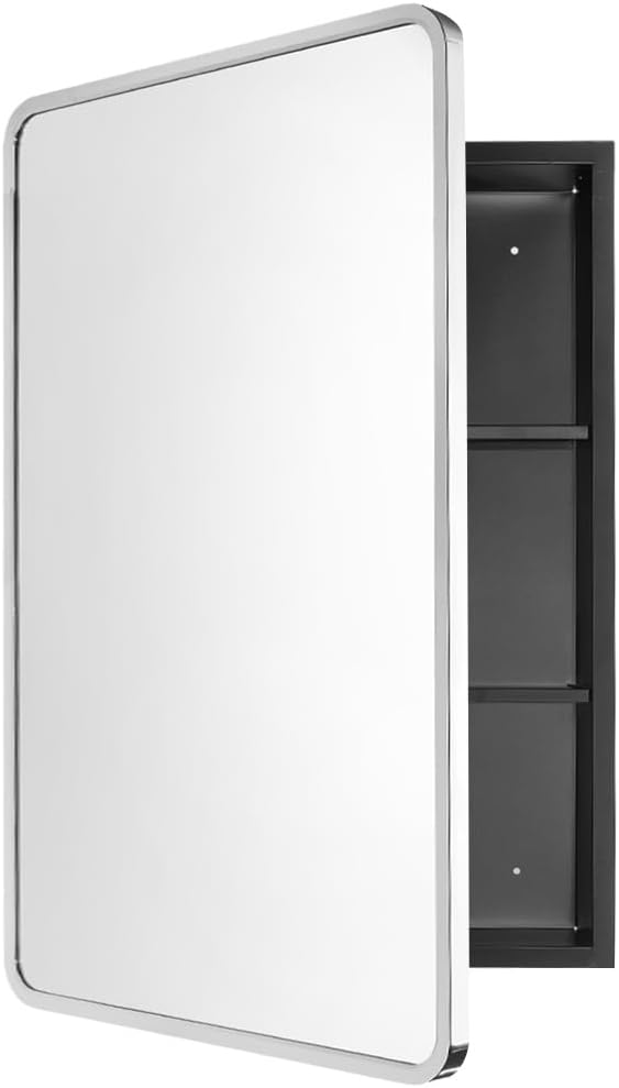 Movo Medicine Cabinet with Mirror, 20 Inch x 31 Inch Metal Framed Bathroom Mirror Medicine Cabinet Rectangle Tilting Beveled Vanity Mirrors Recess or Surface Mount Installation Chrome