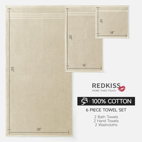 REDKISS Beige Towels Set 6 Piece Cotton Towel Sets with 2 Bath Towels, 2 Hand, 2 Washcloths, 650GSM Hotel Quality, Soft, Highly Absorbent Towels for Bathroom Gym, Ideal Everyday Use