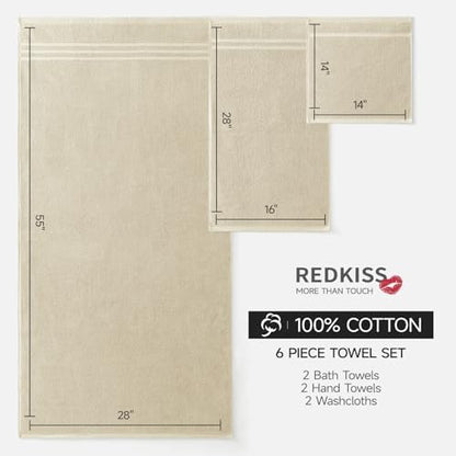 REDKISS Beige Towels Set 6 Piece Cotton Towel Sets with 2 Bath Towels, 2 Hand, 2 Washcloths, 650GSM Hotel Quality, Soft, Highly Absorbent Towels for Bathroom Gym, Ideal Everyday Use